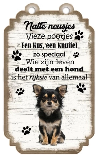 Spreukenbordje Chihuahua langharig zwart-bruin