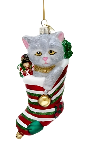 Ornament Katze im Weihnachtsstrumpf - grau