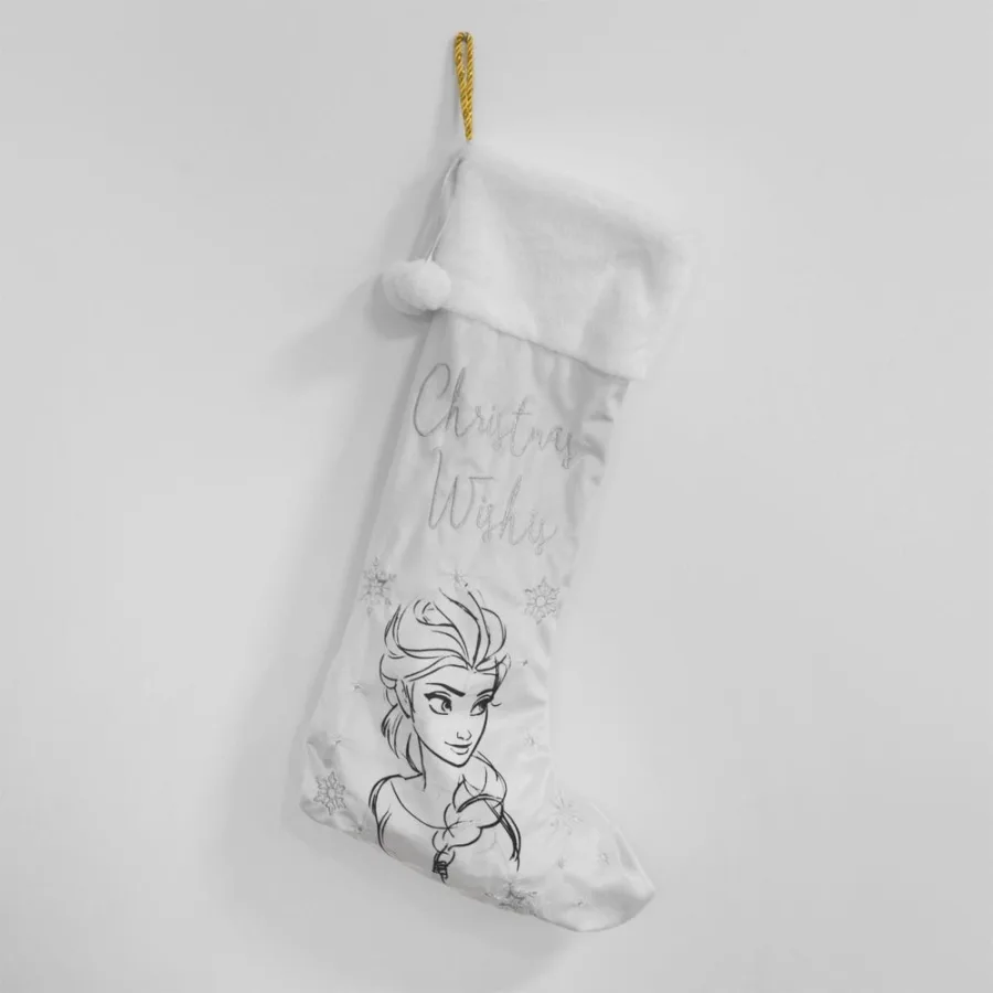Disney Weihnachtsstrumpf Elsa – Weiß-goldene Eiskönigin-Deko aus Samt