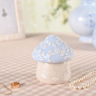 Alice in Wonderland Mushroom Sieradendoos – Keramisch juwelendoosje blauw/beige